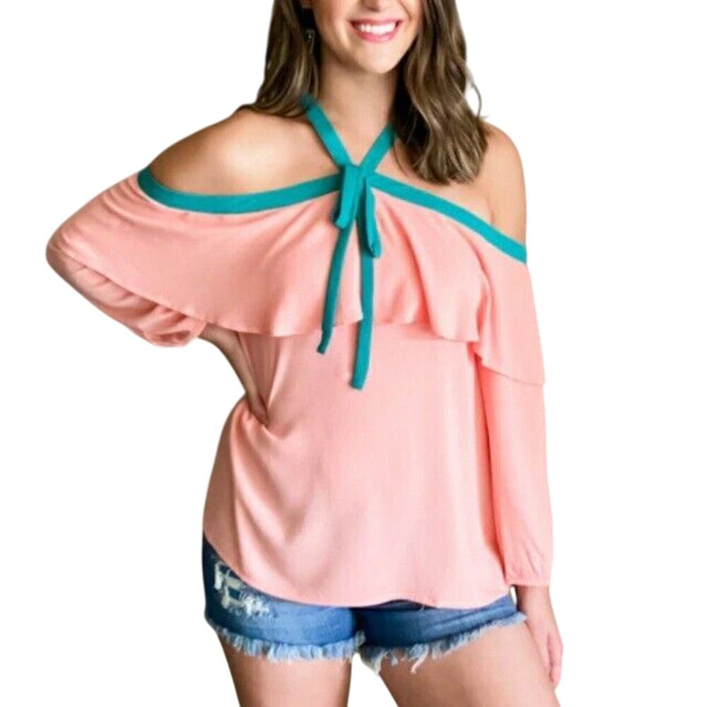 ENTRO Umgee Pink Gauze Top M Boho Dainty Beachy Feminine Off Shoulder Ruffle NEW